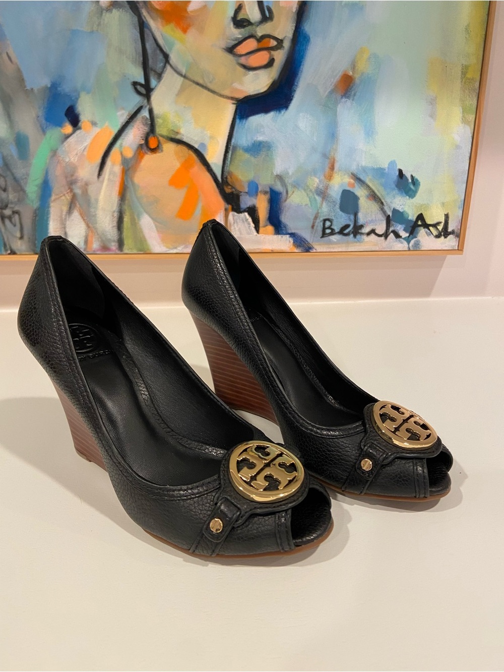 Tory Burch Black Leather Peep-Toe Wedge Sandals with Gold Logo